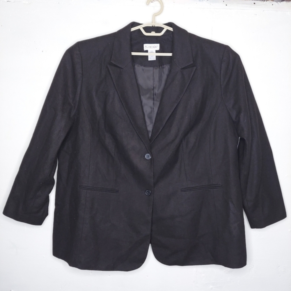JG Hook Blazer Women 26W Black Wool Blend 2-Button Collar‎ Long Sleeve Pocket
